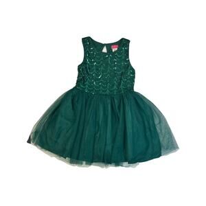 Zunie Girl's Fit & Flare Mesh Skirting Holiday Green Sequins Dress Size XS (4-5)